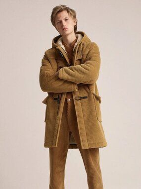 SANDRO AW2018 Tan Corduroy Wool Shearling Lined Hooded Duffle Coat, Size M